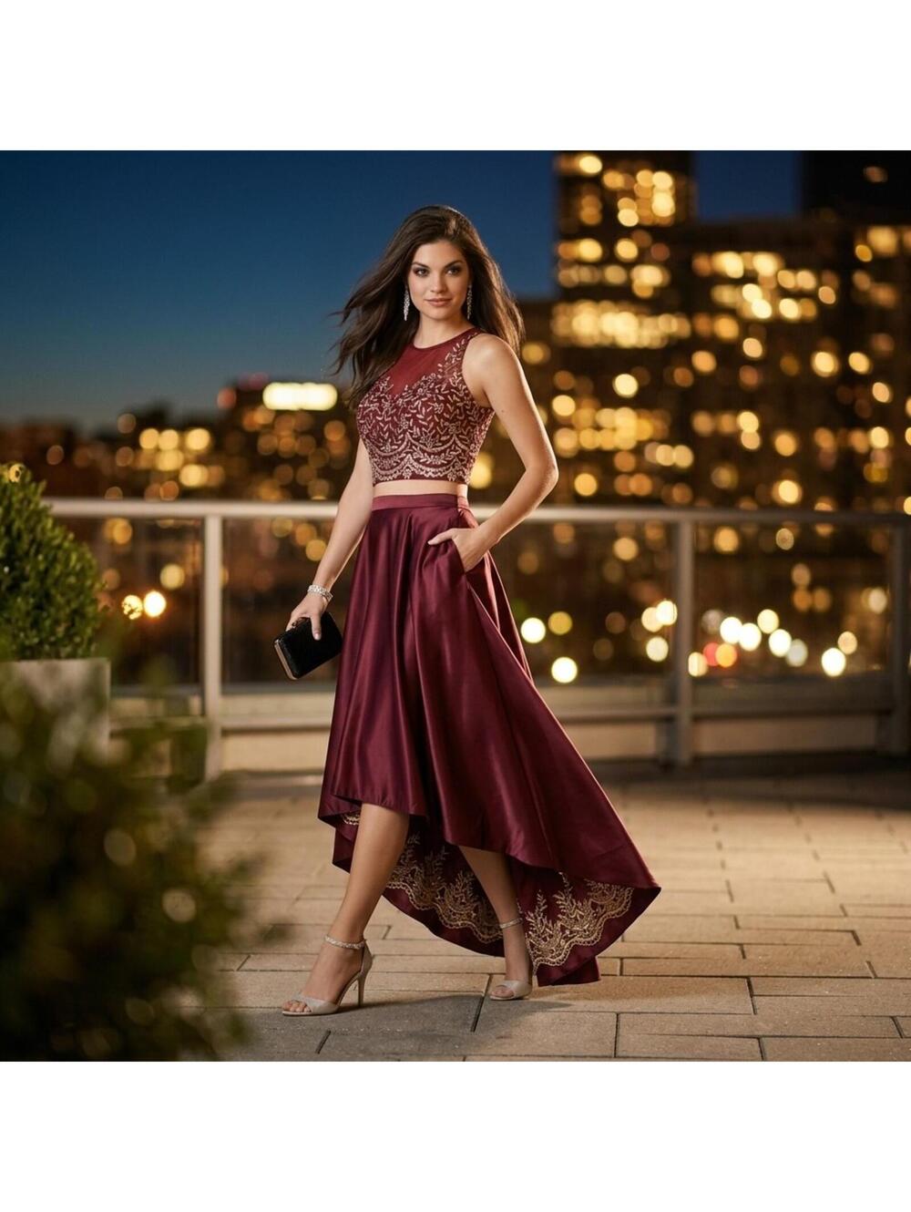 Bordeaux Lace-Top Hi‑Low Midi  Set NWT Gold Gown Prom Embroidered Gala SZ  10